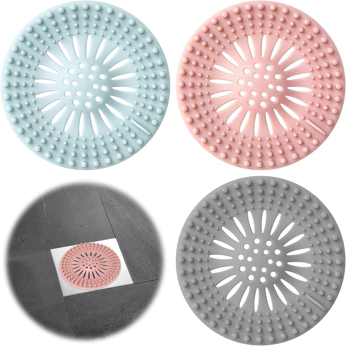 Afvoerzeef Silicone - Haarfanger Spoelbak - Verstopping Voorkomen - Met Zuignappen - 3 stuks - Roze Grijs Blauw