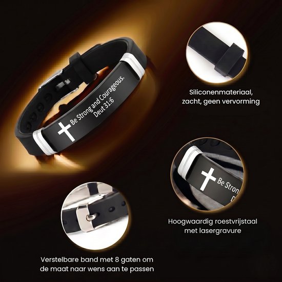 Zwarte siliconen armband met zilverkleurige details en de tekst "Be Strong and Courageous. Deut 31:6".
