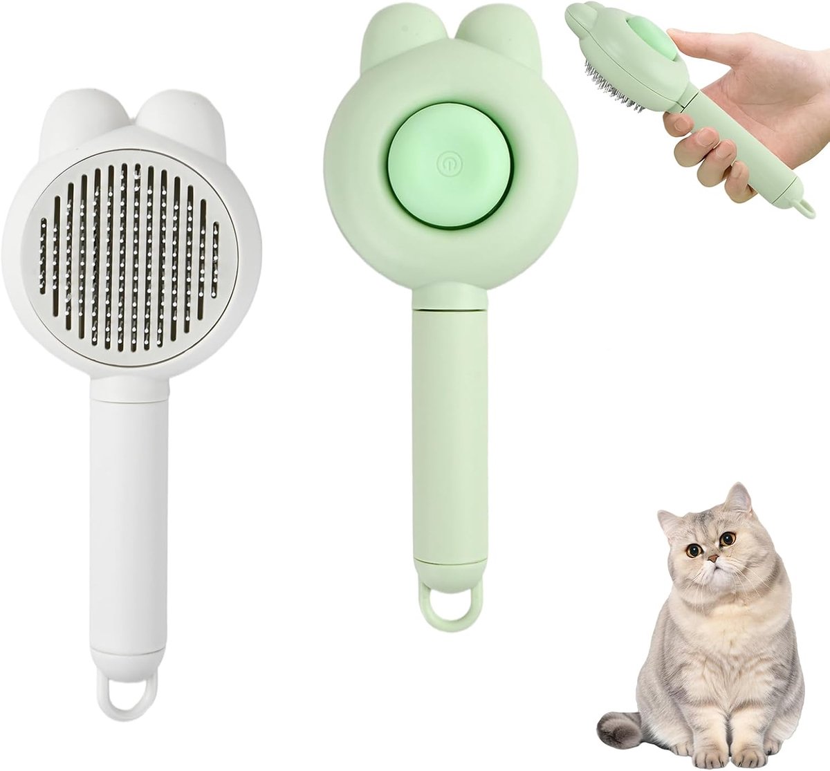 VHV-Hondenborstel - Kattenborstel - Dierenborstel - Zelfreinigende borstel - Set van 2 - Met één klik reiniging - Voor lange en korte haren - Voor honden en katten - Vachtverzorging - Wit/Groen