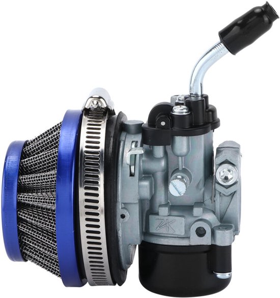 Carburateur avec filtre à air bleu en maille métallique et collier de serrage réglable (46-70mm). Boîtier argenté avec accents noirs.