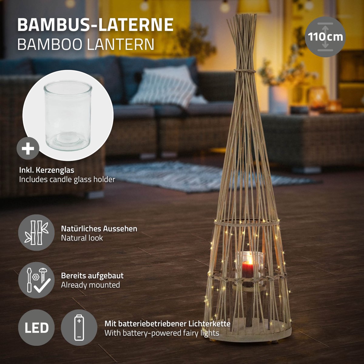 ECD Germany Bamboe lantaarn decoratieve houten windlicht serie grote kaarsenhouder van 110 cm hoog, sfeervolle led lichtketting met glazen inzetstuk luxe boho stijl tuinlantaarn gevlochten look moderne decoratie voor binnen buiten terras en woonkamer — cadeau in Wonen & Interieur - foto 7