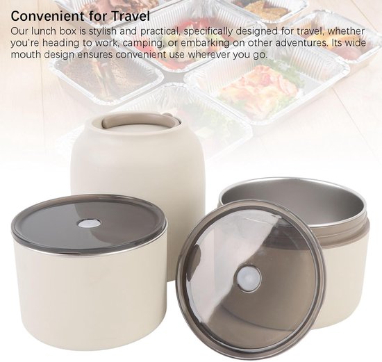 Geïsoleerde Lunchbox - Voedselcontainer Thermos - Warme Maaltijden Meenemen - Roestvrijstalen Dubbellaags - 2200 cc - Beige — afbeelding 3