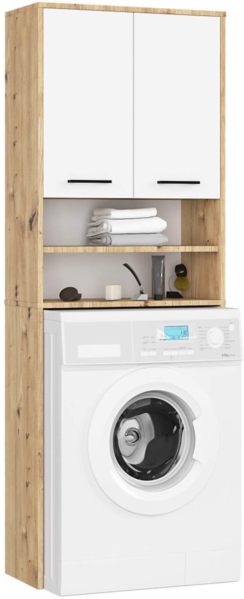 Badkamerkast voor Wasmachine FIN / Hoge Wasmachinekast met 2 Deuren / AKORD Furniture Factory / Artisan Eik - Wit / 65 x 180 x 30 cm