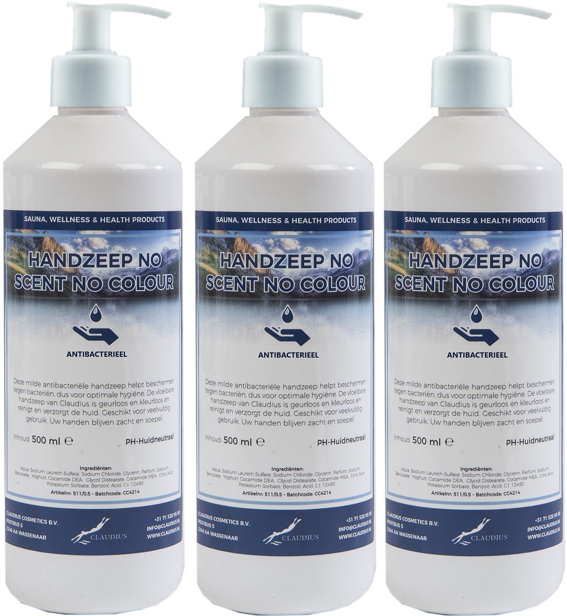 Handzeep No Scent No Colour 500 ml - set van 3 stuks - met gratis pomp - Voordeelverpakking
