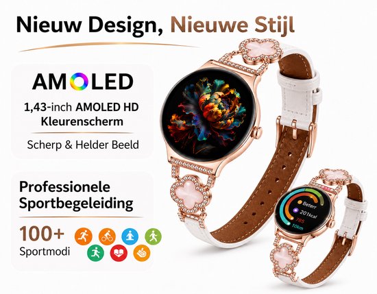 Hibousee Smartwatch voor Dames met Bluetooth Bellen, Gezondheid & Fitness Tracker – Stappenteller, Hartslagmeter, Slaapmonitor – iOS & Android - Incl 3 bandjes