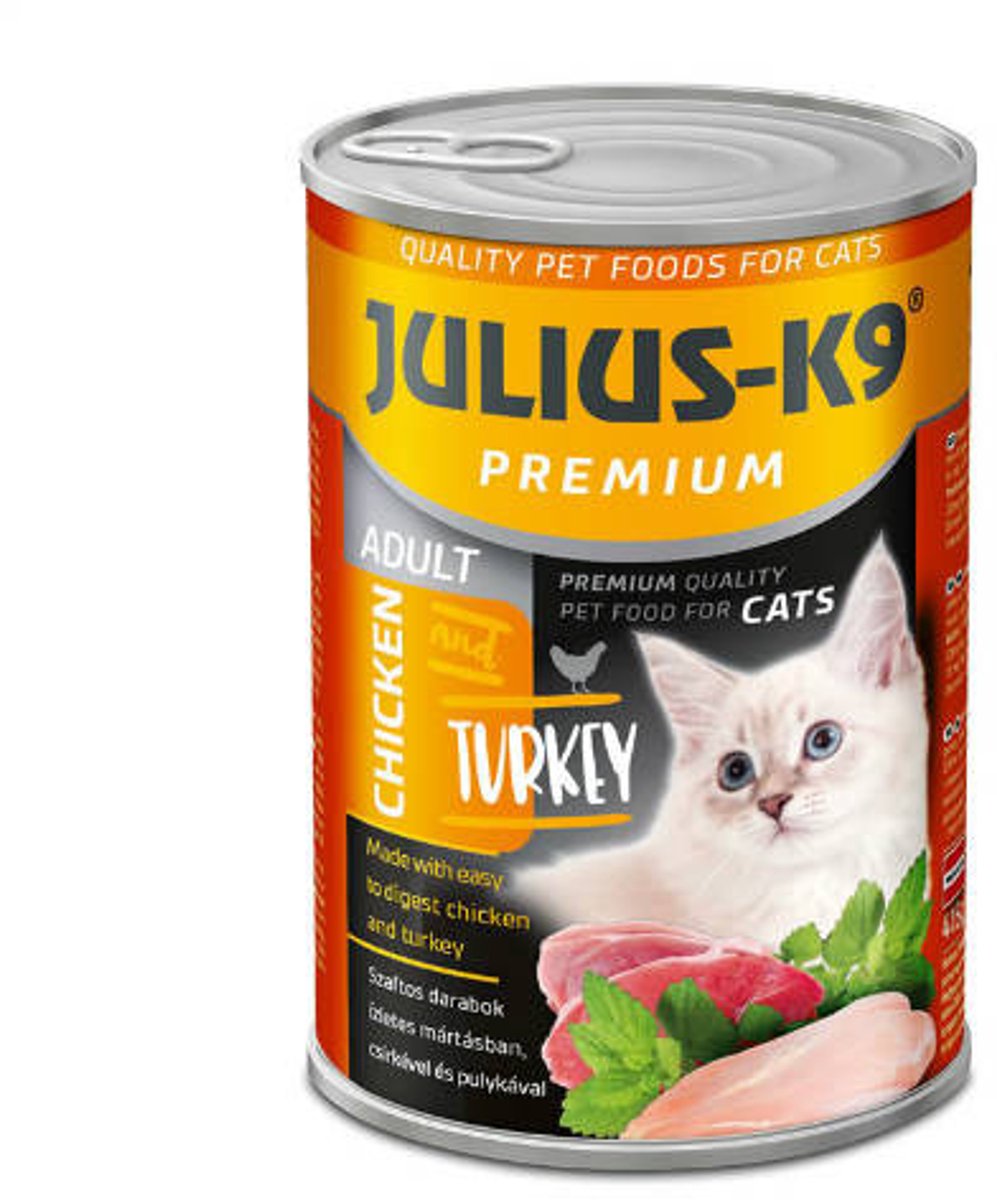 Julius K9 Julius-K9 - Natvoer kat - Kattenvoer blikvoer volwassen katten – Katten natvoer met stukjes vlees in saus - Kip & kalkoen smaak - 10 x 415g
