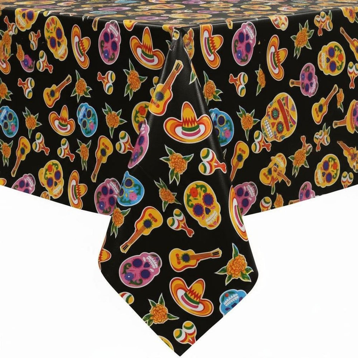 Protecttable - Mexicaans tafelzeil Skull Zwart 120x250cm - Tafelkleed Afwasbaar - Kunststof