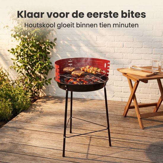 Cheqo® Houtskool Barbecue - Ronde BBQ op 3 Poten - Staande Barbecue - Grillrooster met Windscherm - Verstelbaar Rooster voor Tuin en Balkon - Buitenbarbecue - Houtskoolbarbecue - Rood - Camping BBQ - Grillen voor Buiten - Picknick van Merkloos — afbeelding 3