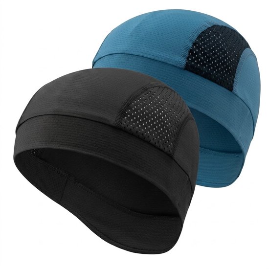 Bonnet de cyclisme sous-casque bleu foncé noir 2-pack unisexe sport respirant avec ventilation en mesh skull cap allongé fin stretch sous casque pour vélo moto course à pied couvre-chef à séchage rapide