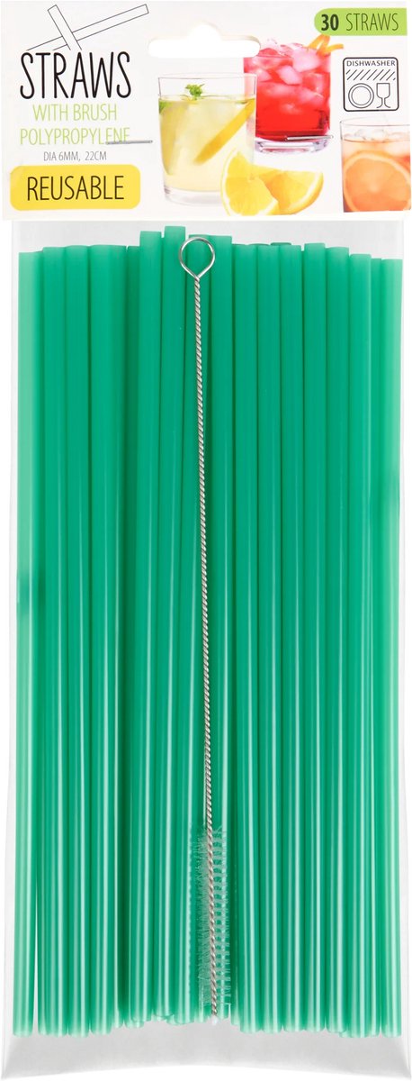 Herbruikbare rietjes + schoonmaakborstel - Vaatwasbestendig kleur Groen (30 stuks)