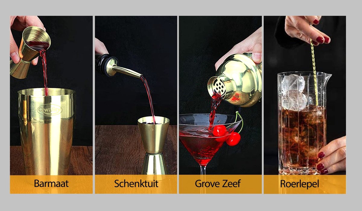Cocktail Shaker Set (750 ml) - Cocktail Set - Luxe Cadeau voor hem of haar - Cocktailset - Goudkleurig - Qwality® — cadeau in Kookcadeaus - foto 6