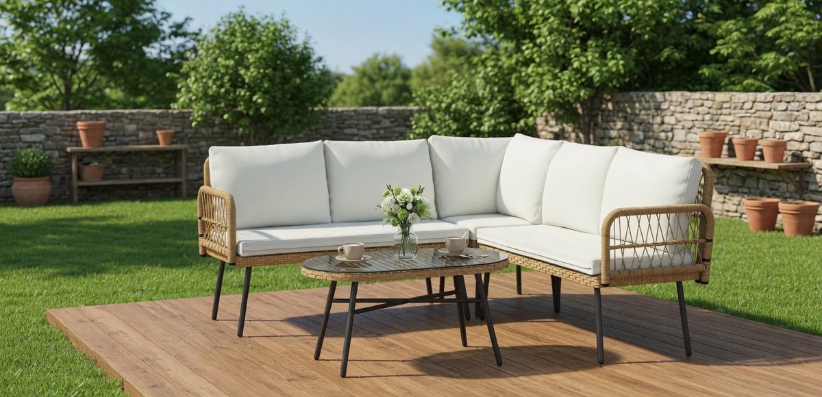4-Delige Loungeset Crèmewit Polyrotan met Glazen Tafel - Modulaire Hoekbank L-Vorm voor 5 Personen - Tuinmeubelset met 15cm Dikke Kussens - Rattan Zitgroep Terras Balkon - IndustroHome
