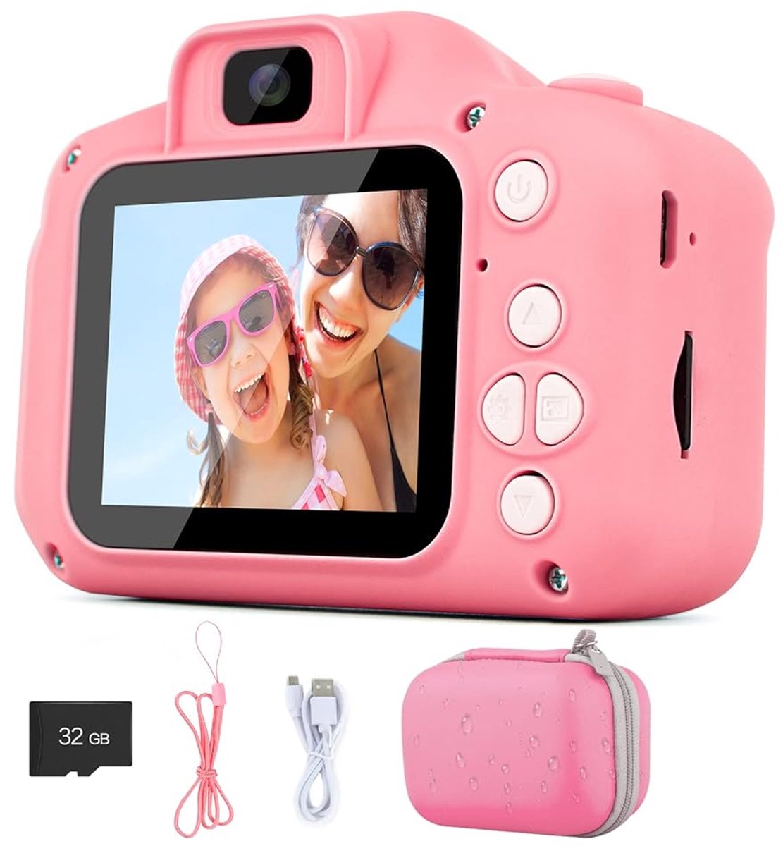 Kindercamera met Beschermhoes - Oplaadbare Digitale Camera voor Kinderen 3-12 Jaar - 1080P HD - 32GB SD Kaart - Cadeau voor Meisjes en Jongens - Roze