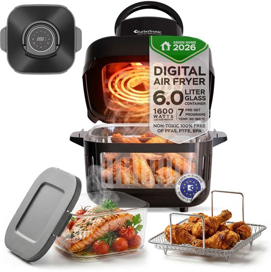 Turbotronic AFG6 Airfryer XXL met glazen bak- BPA & PFAS Vrij - 6L - Heteluchtfriteuse - Dual Heating - 50ºC tot 180ºC - 8 Kookprogramma's - Zwart