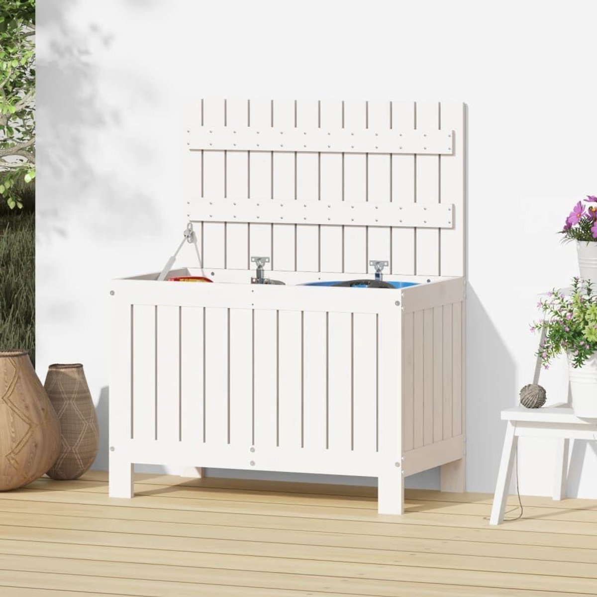 Tuinkist Grenenhout - Opbergbox Terras - Tuinspullen Opslag - Massief Hout - 76x42x54 cm - Wit