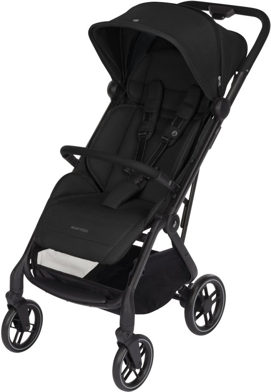 Zwarte Maxi-Cosi kinderwagen met 5-punts gordel, zitje en boodschappenmand.