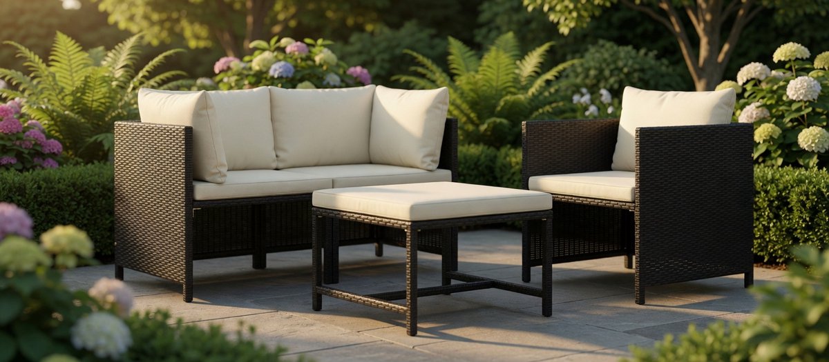 Milano Luxe 4-delige Polyrattan Loungeset met 2 Banken, Fauteuil, Voetenbank & Kussens – Weerbestendige Wicker Tuinset met Stalen Frame – Zwart Tuinmeubelen voor Tuin, Terras & Balkon - IndustroHome