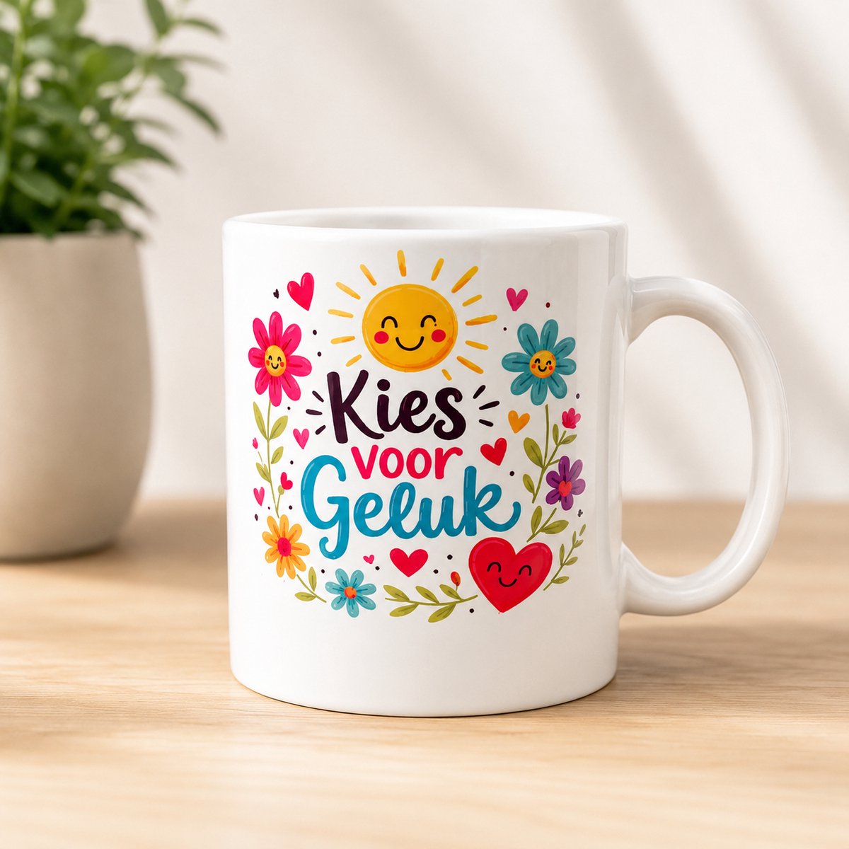Kies Voor Geluk Mok – Vrolijke Koffiemok met Bloemen – Keramische Mok 325ml – Positieve Mok met Tekst – Vaatwasserbestendig