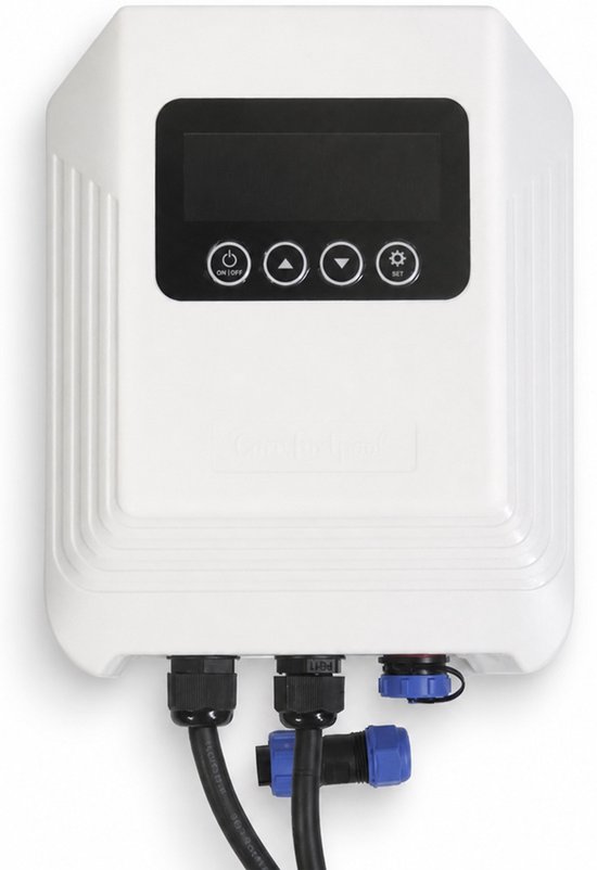 Witte Comfortpool energiebespaarder met display, bedieningsknoppen en aansluitkabels.