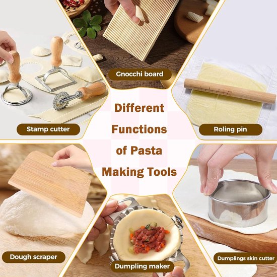 Pasta Maken Gereedschap - Knoedel Kit - Thuis Italiaans Koken - 11 Delige Set - 800 Gram - Houtkleur — afbeelding 2
