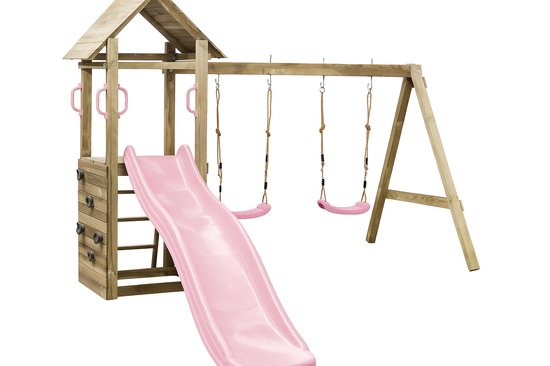 Houten speeltoestel met dubbele schommel, glijbaan en zandbak roze