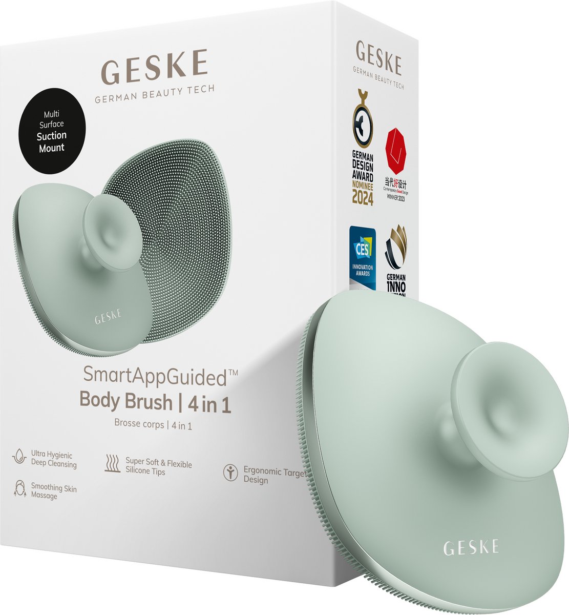GESKE Body Brush | 4 in 1 | Ontwerp met metalen ring | Reinigingsborstel voor het hele lichaam | Dieptereiniging | Zachte siliconen borstelharen | Ergonomisch ontwerp met twee vingers