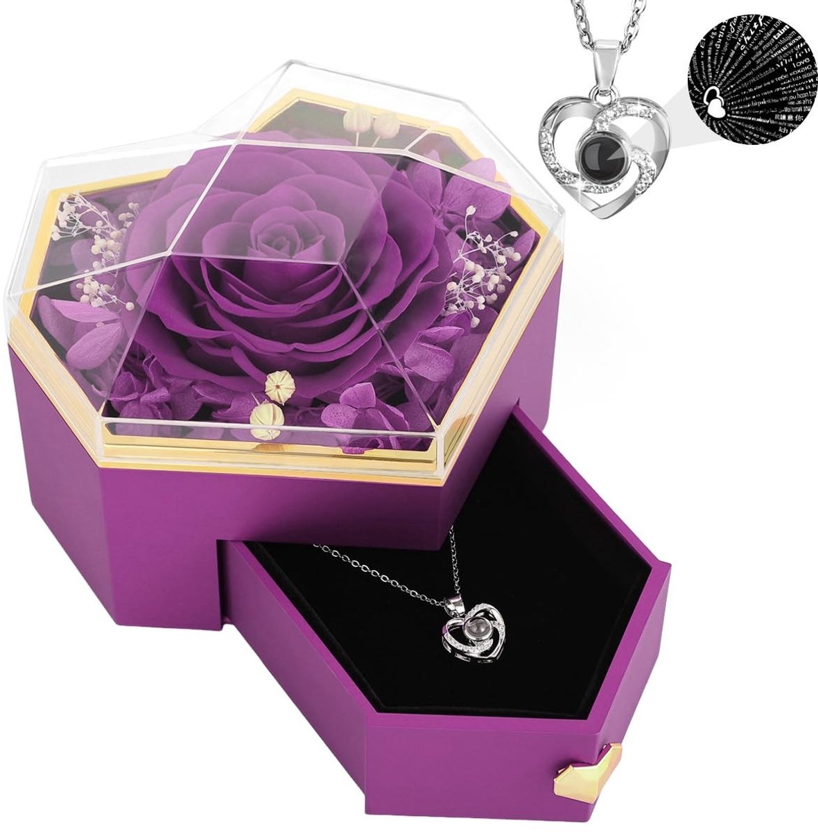 aladdien - Preserved Rose - Hartketting - Perfecte cadeau - Paarse kleur - Rozenjuweel - Voor moeder en vrouw - Inclusief geschenkdoos