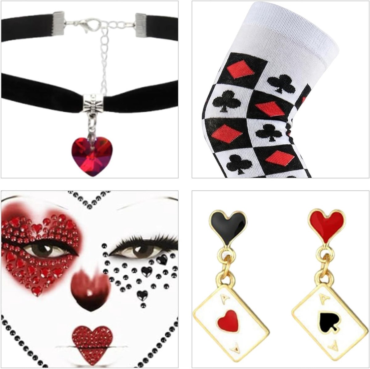 Vrouwelijk Heart Queen Kostuum met Poker Strik, Kousen en Gezichts Tatoeage voor Carnaval en Themafeesten