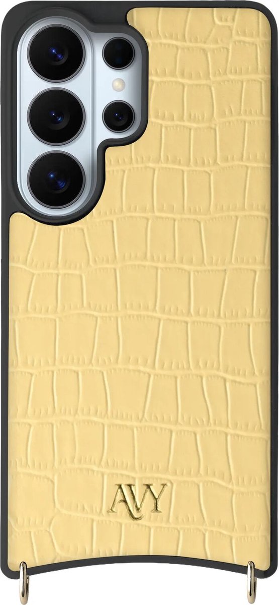 AVY Leren Hoesje geschikt voor Samsung Galaxy S26 Ultra | Compatibel met MagSafe | Leather Case | Back Cover | Haakjes voor koord | Croco Geel