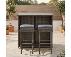 Luxe Polyrattan Barset Tuin – 3-delige Outdoor Bar Set met Tafel en 2 Barkrukken – Weerbestendige Tuinbar met Glazen Blad & Kussens – Grijs - IndustroHome