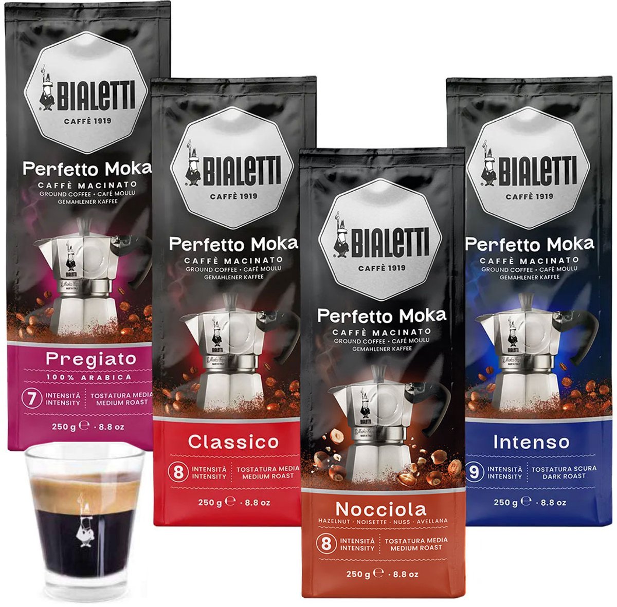 Bialetti Perfetto Moka Gemalen Koffie proefpakket - 4 x 250 gram - Classico, Intenso, Pregiato en Nocciola + Espresso Glas