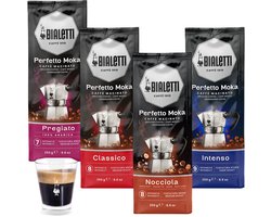 Bialetti Perfetto Moka Gemalen Koffie proefpakket - 4 x 250 gram - Classico, Intenso, Pregiato en Nocciola + Espresso Glas