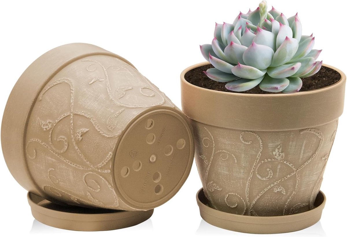 Famanu – Set van 2 middelgrote plantenpotten van 17,5 cm met schotels en drainagegaten, ideaal voor binnen en buiten