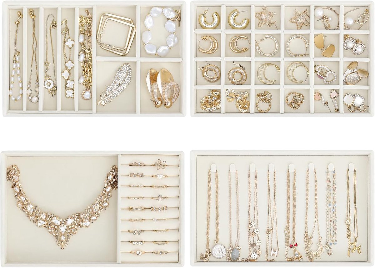 Famanu – Stapelbare sieraden organizer trays voor laden, met verwijderbare verdelers, beige, set van 4 lagen