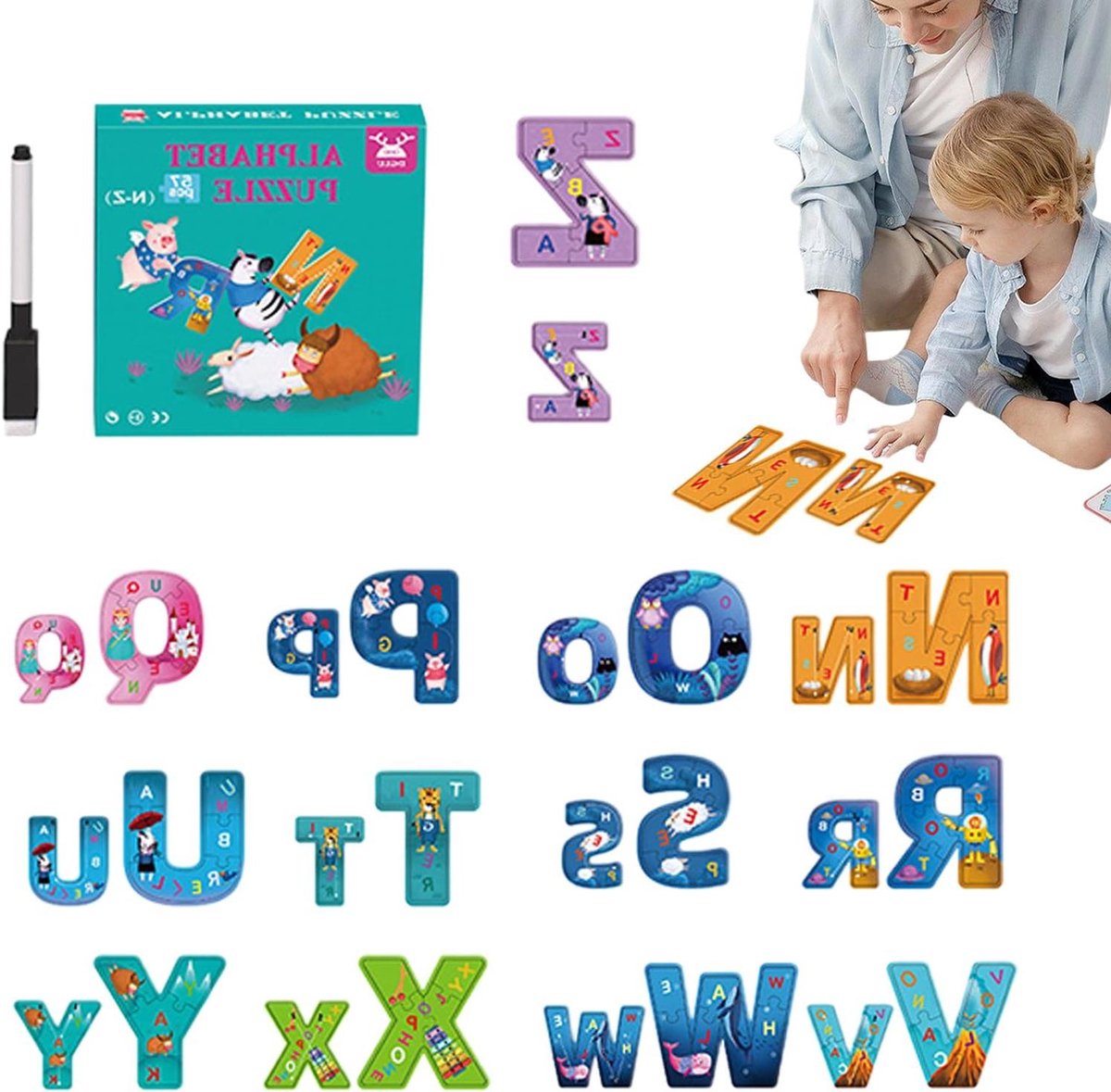 Kinderpuzzel Alfabet - Educatieve Puzzel Kleuters - Leren Lezen - Multisensorisch Leren - 25 x 25 x 6 cm - Groen