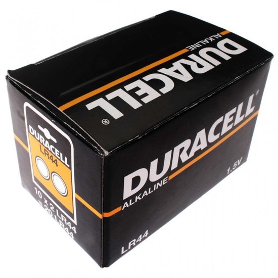 Doosje Duracell LR44 alkaline batterijen, zwart met oranje en witte tekst.