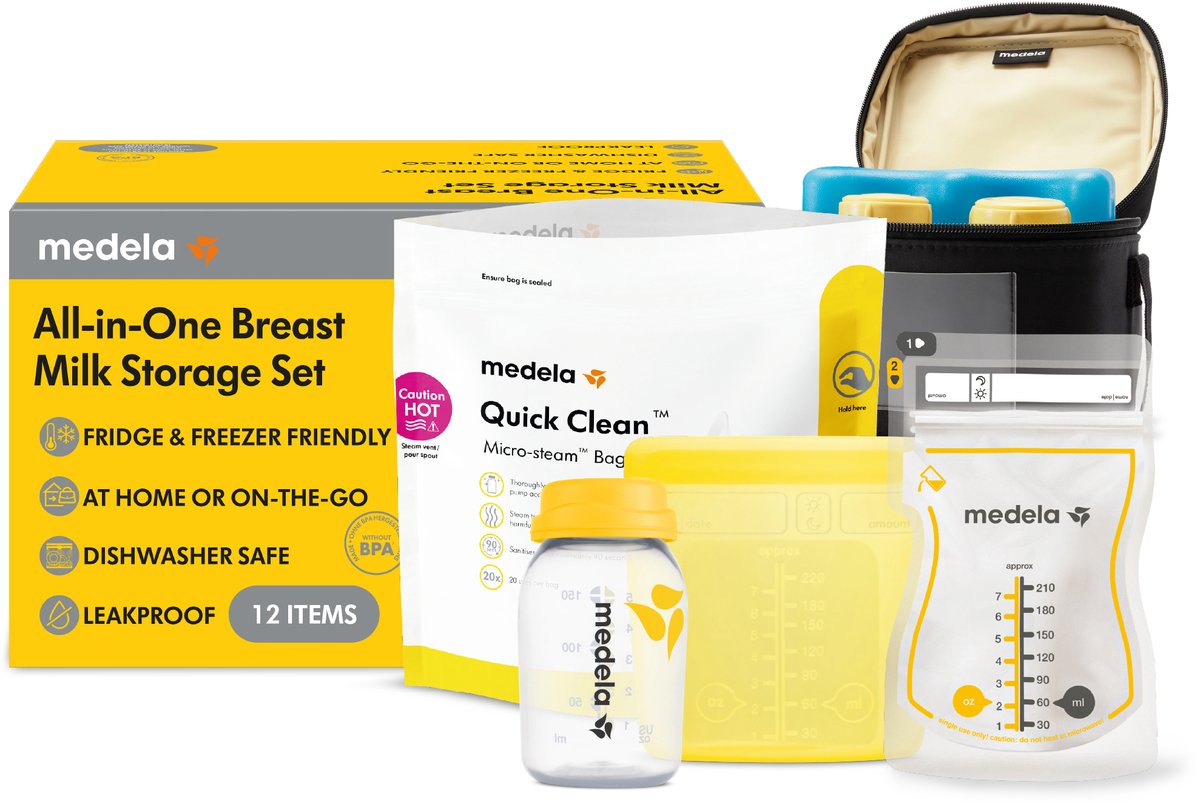 Medela Alles-in-één moedermelkbewaarset met 150 ml Flesjes, Moedermelkbewaarzakjes met schenktuit & Herbruikbare bewaarzakjes, Quick Clean magnetronsterilisatiezakje en Koeltas met gevormd koelelement. thumbnail 4
