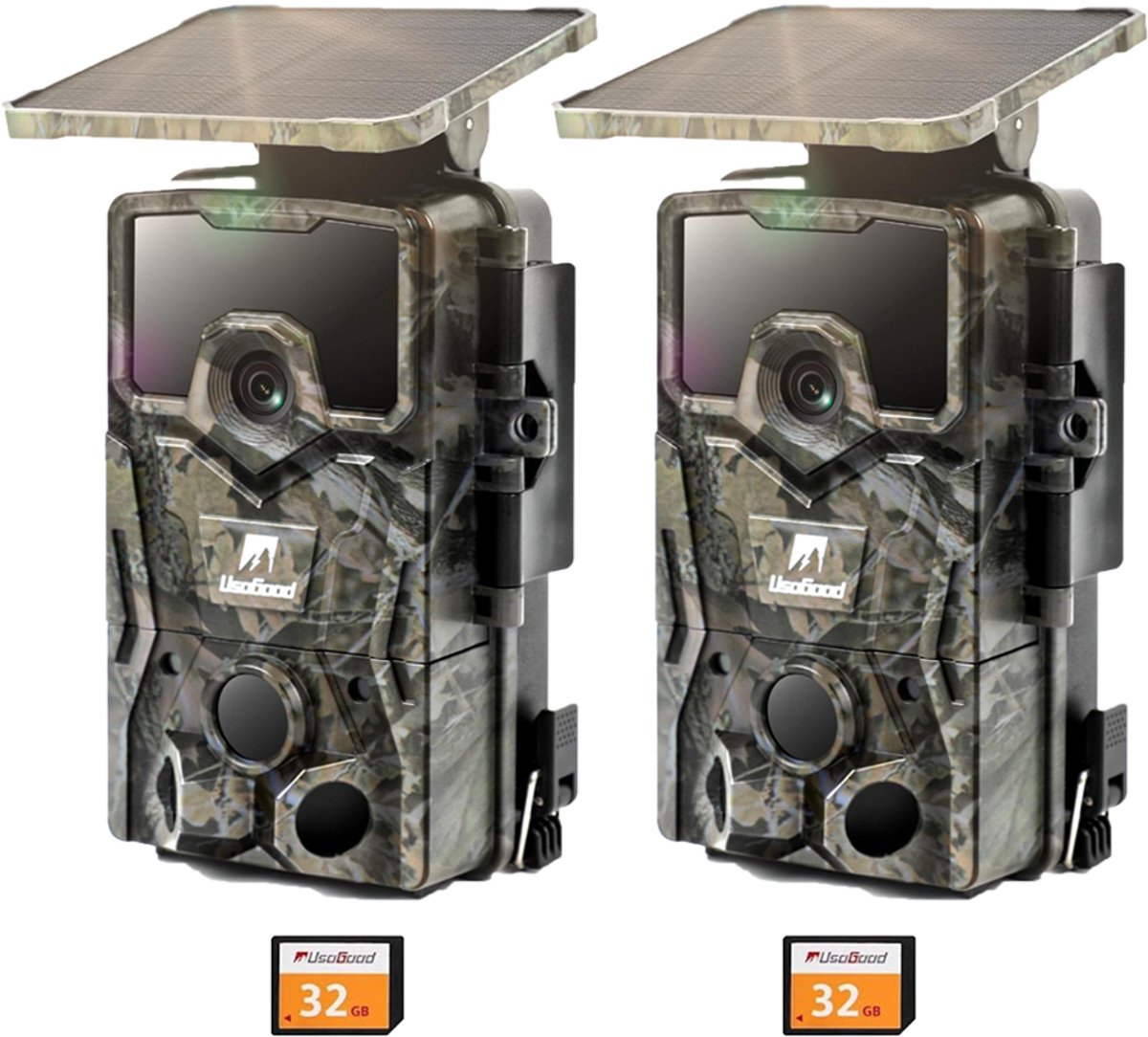 Usogood Wildcamera met Nachtzicht - 4K Ultra HD - Wildcamera met Zonnepaneel - Oplaadbare lithium-Accu - Bewegingsdetectie - Waterdicht - Incl. 32GB SD - 2 Stuks