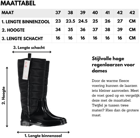 Maattabel en diagram voor hoge zwarte regenlaarzen voor dames.