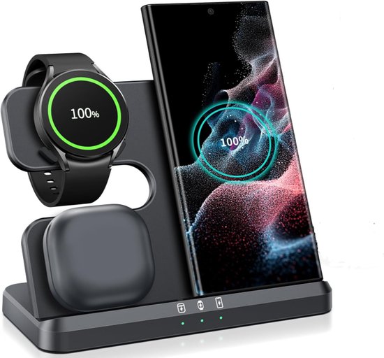 Zwarte 3-in-1 draadloze oplader met een smartphone, smartwatch en oordopjes. Alle apparaten tonen 100% batterij.