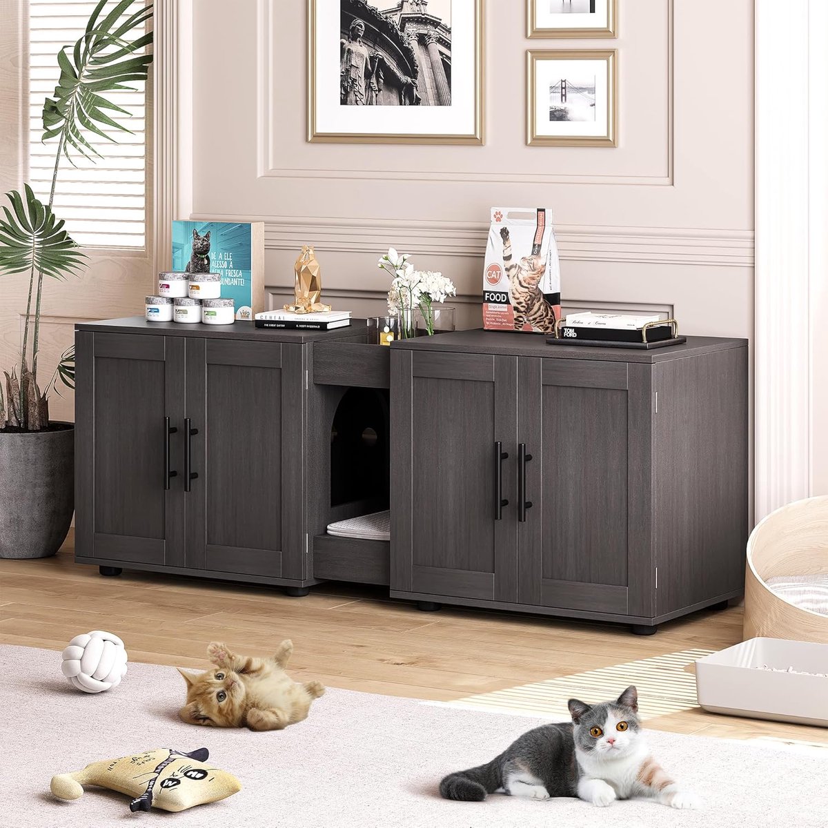3-in-1 Kattenkast meubel voor 2 katten – verborgen dubbele ruimte, kattenluik en krabmat, ruim modern houten meubel voor woonkamer en slaapkamer van Triumpunpre