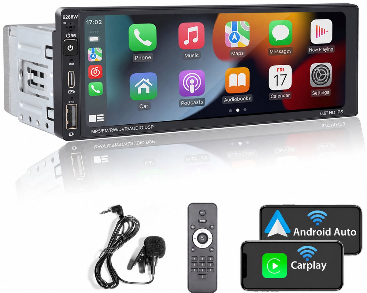 Autoradio Universeel - 6,9 Inch HD Touchscreen - Apple Carplay & Android Auto (Draadloos) - Bluetooth, USB, USB-C & MP5 - AHD Achteruitrijcamera, Stuurwieladapter & Externe Microfoon