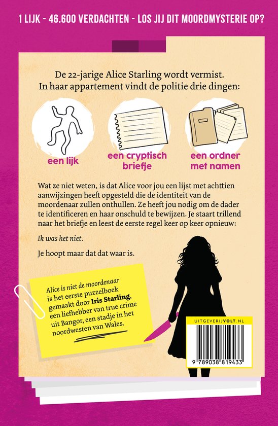 Dos d'un livre avec des illustrations d'un corps, d'une note et d'un dossier, et la silhouette d'une femme avec un couteau.