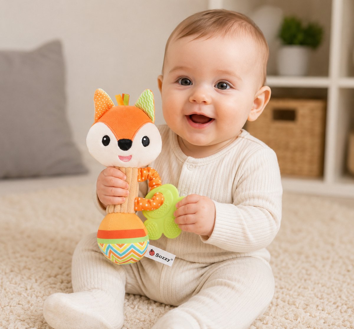 Sozzy Baby Rammelaar - Bijtring vosje - Pluche babyspeelgoed - 0+ maanden