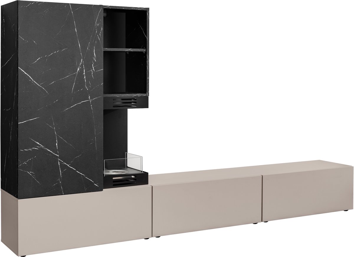 ZHPK Meubelwand met Bio-ethanol Haard en Opbergruimte – TV-meubel, Zwart Marmerlook & Kasjmier Beige, Moderne Woonkamerkast