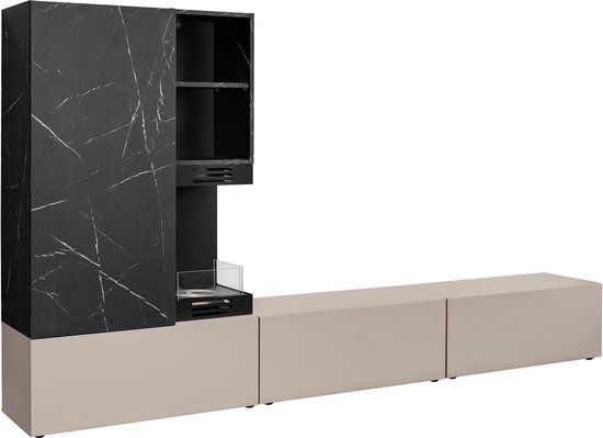 ZHPK Meubelwand met Bio-ethanol Haard en Opbergruimte – TV-meubel, Zwart Marmerlook & Kasjmier Beige, Moderne Woonkamerkast
