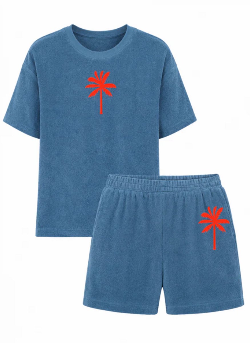 Zomer | Set | Badstof | Palmboom | Neon Orange | Velvet | Blauw | Maat S | Oversized | S/M | Loungewear | 100% BIO katoen