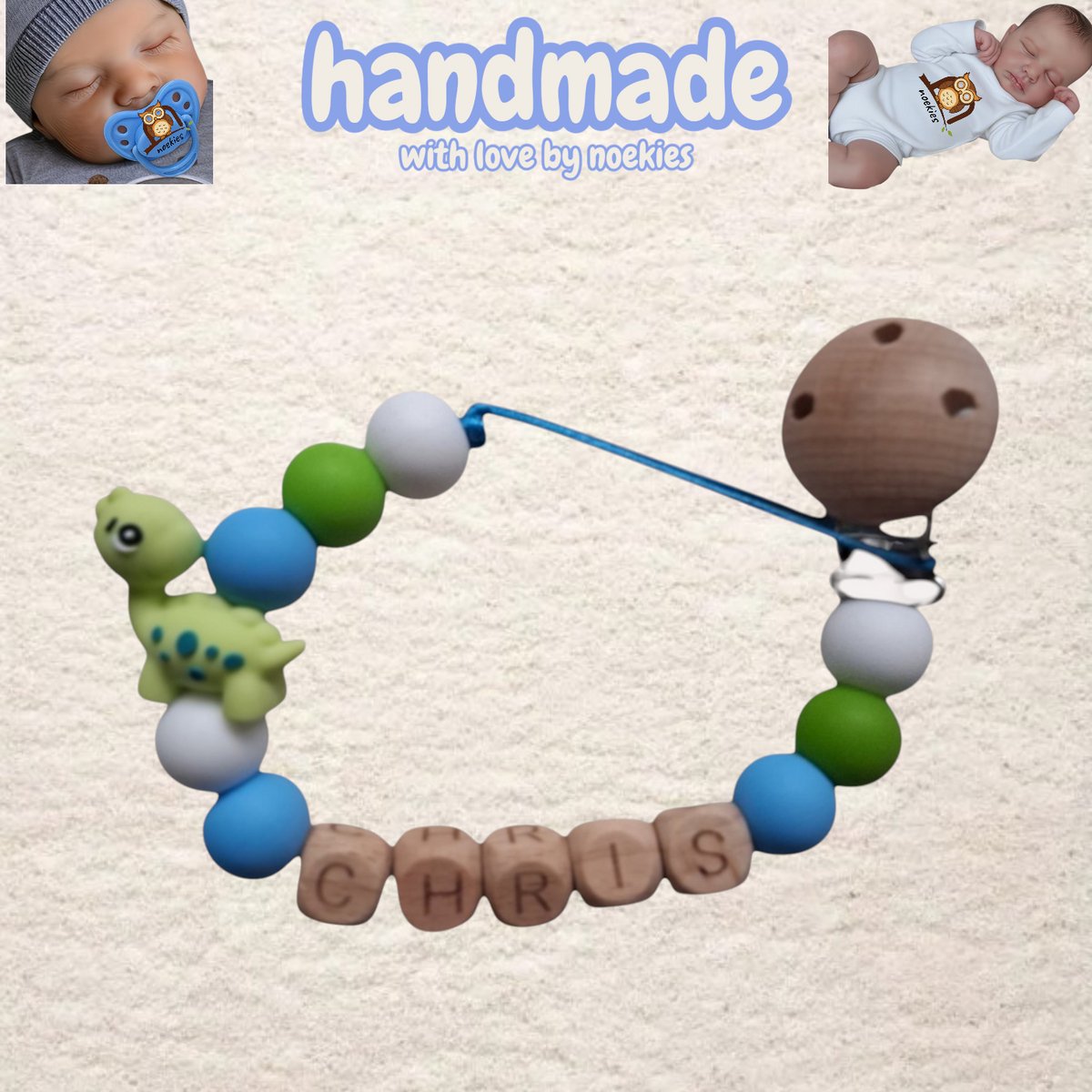 noekies naam speenkoord dino groen blauw wit Kraamcadeau - Speenketting - Babycadeau - Babyshower nr 5
