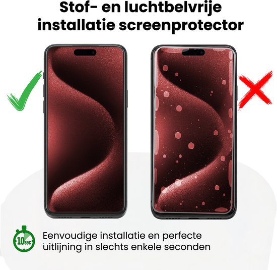 Illustratie van een correcte en incorrecte installatie van een screenprotector op een iPhone 15 Pro.