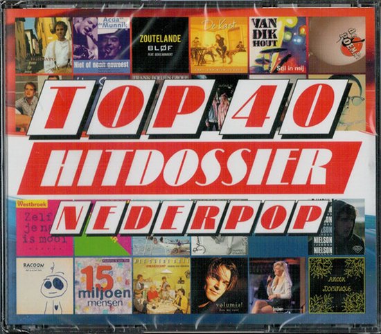 Voorkant van de CD-hoes met "TOP 40 HITDOSSIER NEDERPOP" en foto's van artiesten zoals Acda & de Munnik, Bløf, Frank Boeijen en Juncox.